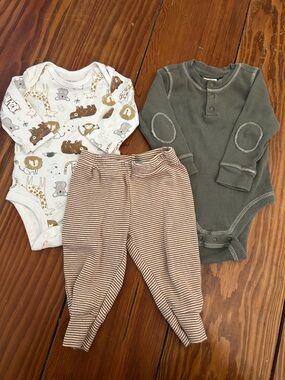 Neutral Safari Animal Bodysuit, Olive Henley Bodysuit & Tan Stripe Pants Set